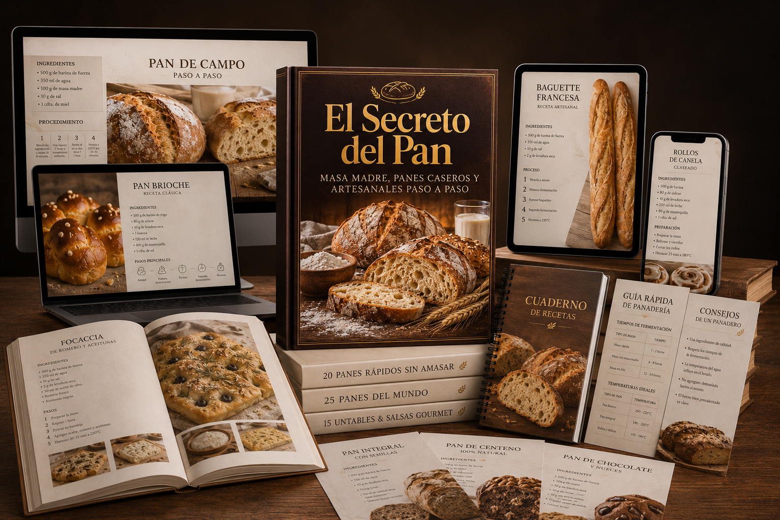 Pack completo El Secreto del Pan con recetario, bonos y material en tablet, celular y laptop